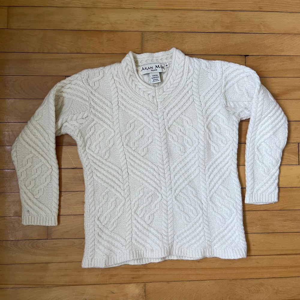 Aran Mor Ireland Merino Wool Cable Knit Fisherman Sweater White Mens Medium